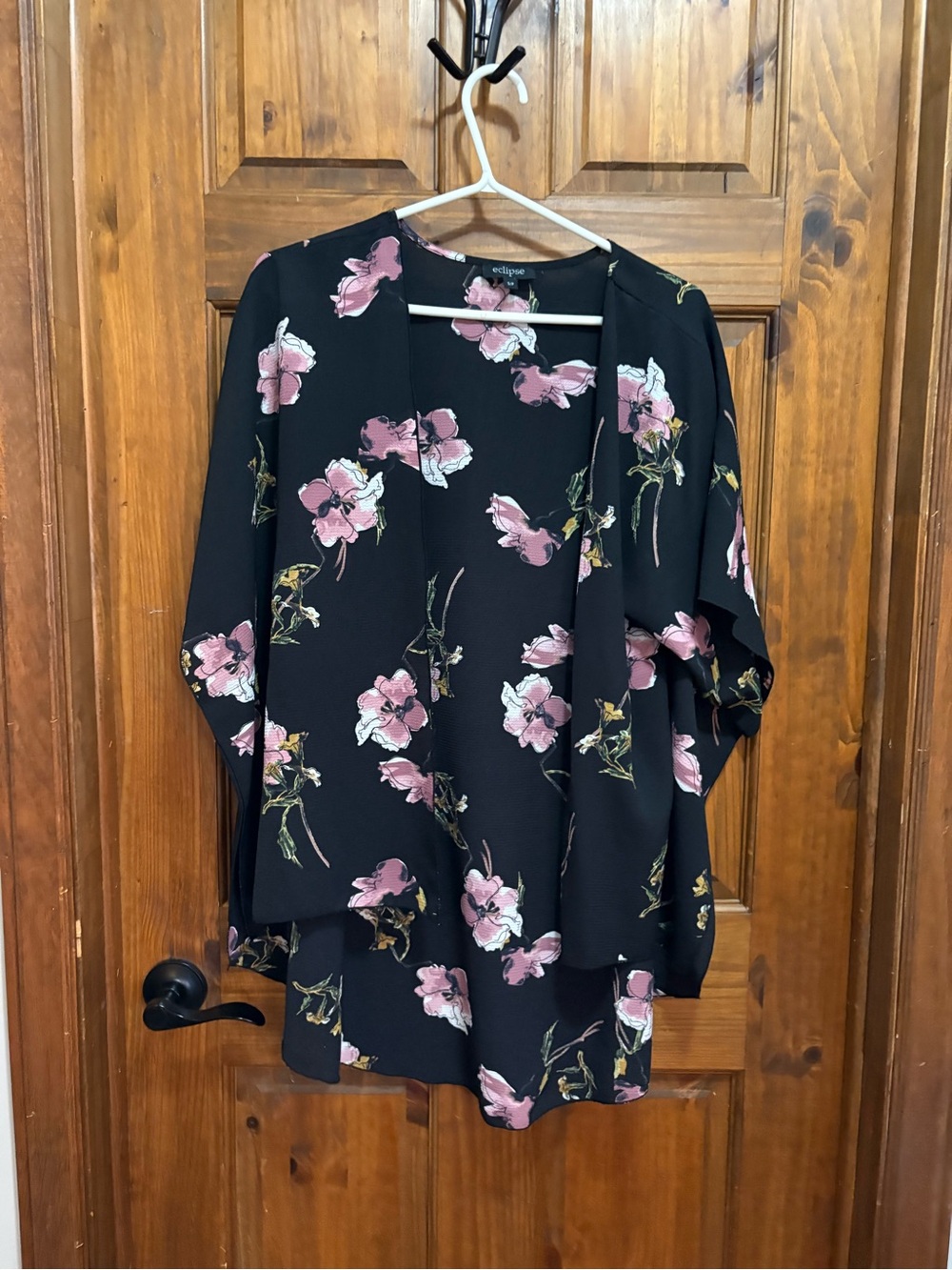 Eclipse Black Floral Open Kimono with Pink Blossoms